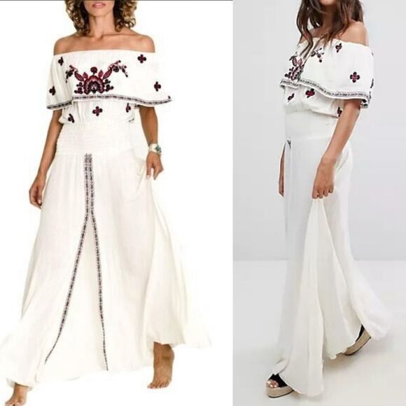 $220 NEW RAGA embroidered off shoulder flowy boho maxi jumpsuit MEDIUM M NWT - Picture 1 of 3